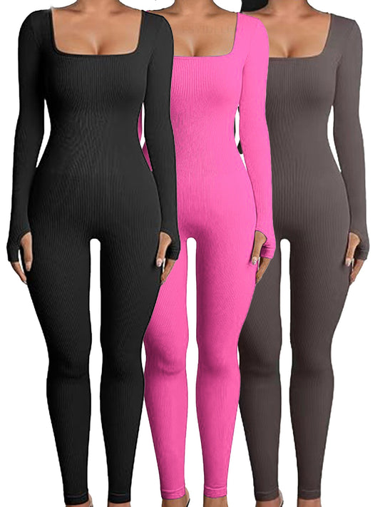 3 Pck Hip Lift Slimming Ribbed Long Sleeve Jumpsuit