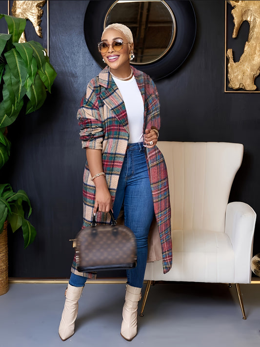 Chic Plaid Print Womens Long Jacket - Classic Button Front, Flowy Design, Warm Long Sleeves - A Must-Have Elegant Outerwear for Your Wardrobe