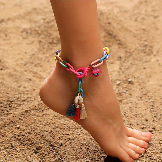 Handcrafted Bohemian Patchwork Necklace and Anklet Set - Acrylic Shell and Tassel Chain Design