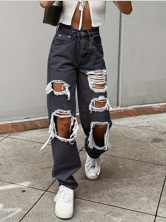 Female Sexy Wild Solid Color High Waist Ripped Jeans