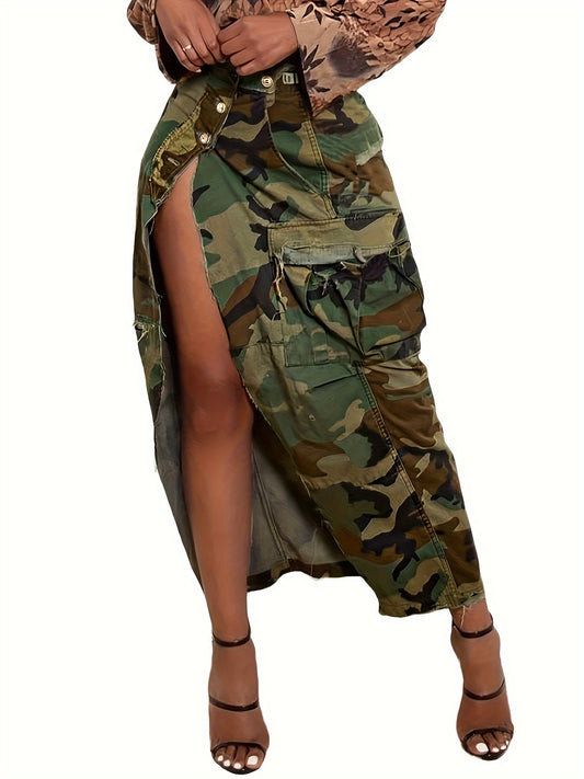 Vibrant Camouflage Print High Waist Pleated Skirt - Flattering Split Thigh, Button Decor, Two Side Pockets, Loose Fit, Ideal for Spring & Summer, Women's Casual Clothing for Everyday Wear