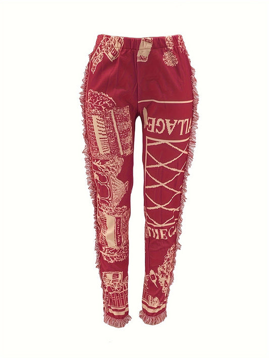 Vibrant Graphic Print Tassel Trim Casual Pants - Mid-Elastic, Polyester, Random Print, Knit Fabric, All-Season, Long Length, Elastic Waist, Stylish Streetwear for Women - Comfortable and Versatile