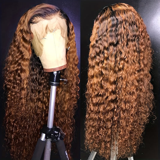 13x4 Inch Deep Wave Lace Front Wigs - Premium Ombre Auburn Brown with Black Roots, 180% Density, Pre-plucked, Glueless, Water Wave Frontal Wig for Daily Use, Suitable for All Women, Vacation Style