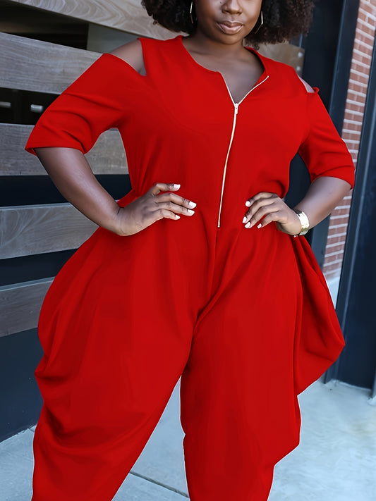 Chic Plus Size Cold Shoulder Jumpsuit - V-Neck, Solid Color, Loose Fit with Zip Detail - Machine Washable