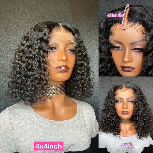 180% Density 4x4 Closure Short Bob Wig - Premium Brazilian Hair Deep Wave Lace Front Wig with Pre-Plucked Hairline, Transparent Lace, and Natural Color for Women