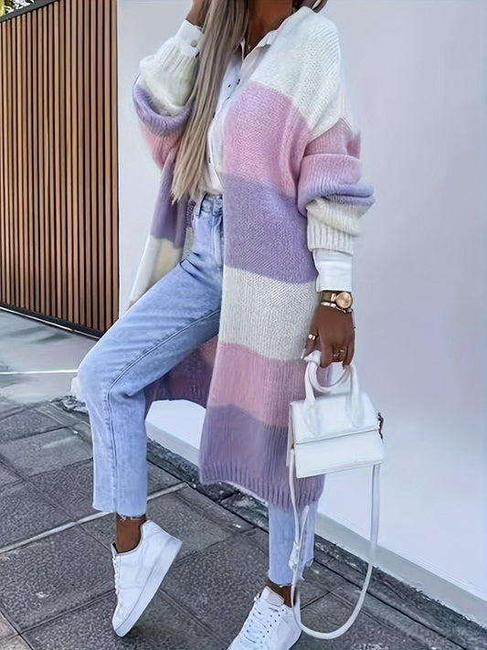 Color Block Long Sleeve Cardigan, Casual Striped Pattern Open Front Knitted Cardigan, Women's Clothing