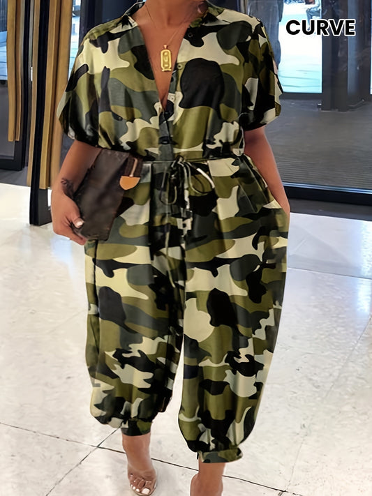 Chic Plus Size Camo Jumpsuit - Button-Up Collar, Short Sleeve & Tapered Leg with Belt for Everyday Wear