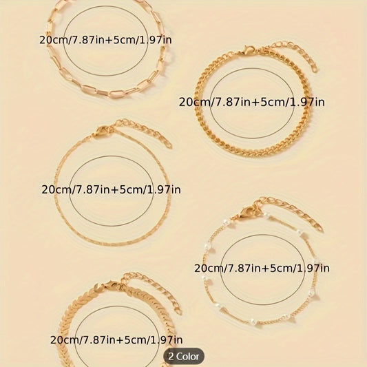 6 PCS, 14k Plated Gold Layered Anklet Chain Set Waterproof