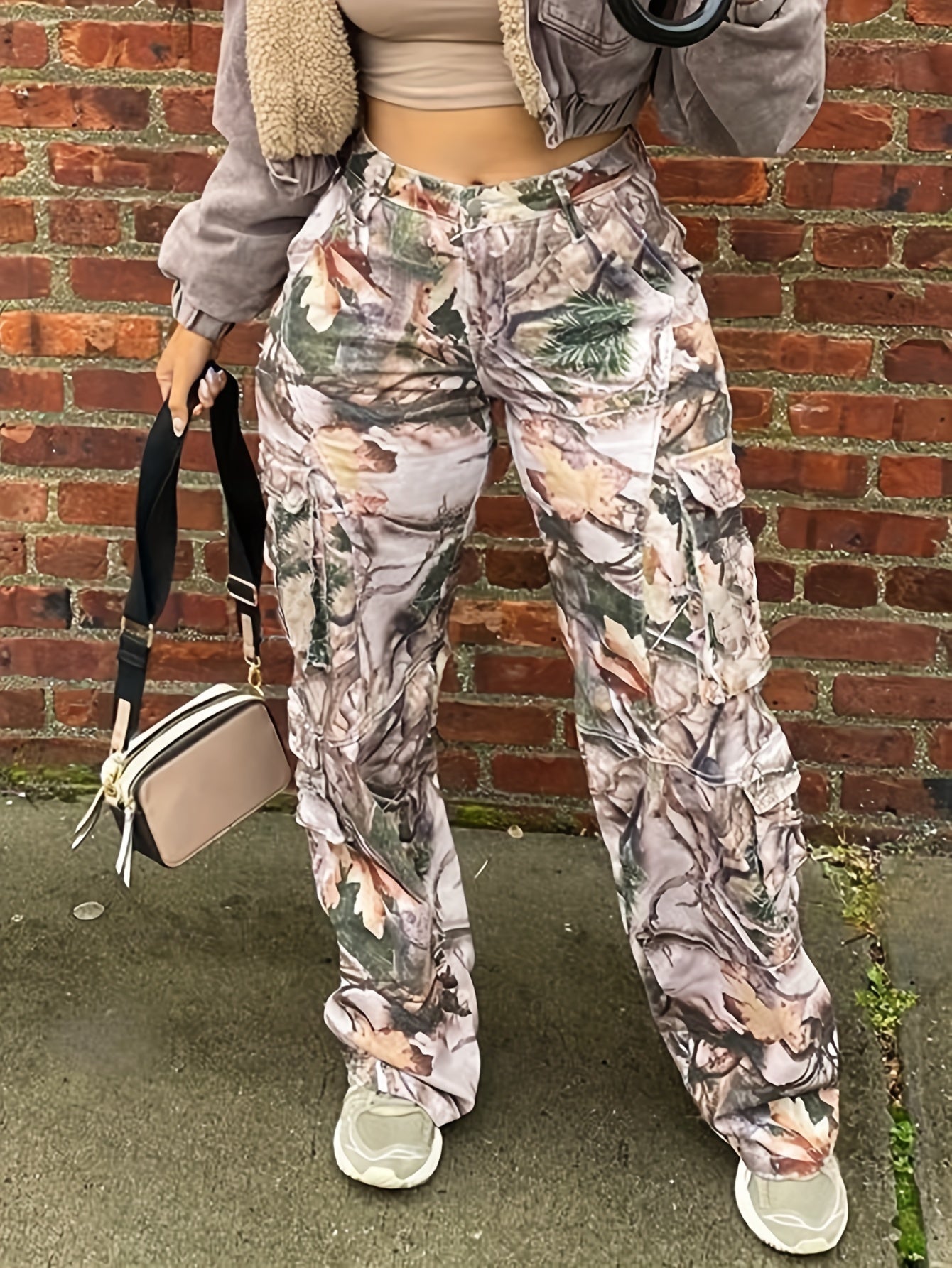 Colorblock High Waist Cargo Pants, Casual Daily Wear Pants For Spring, Women's Clothing