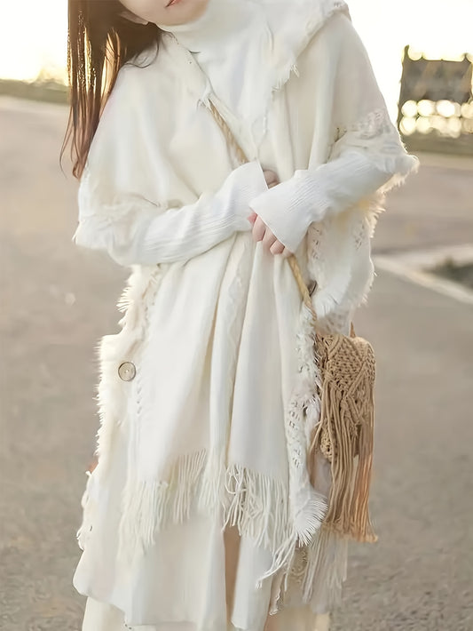 Elegant Plus Size Hooded Shawl Coat for Women - Solid Color, Tassel Detail, Batwing Sleeves, Windproof & Warm Knit Pullover for Fall/Winter