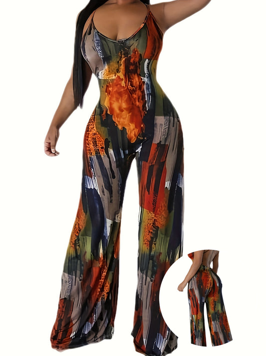 Plus Size Abstract Print Slip Jumpsuit, Casual Sleeveless Criss Cross Back Jumpsuit, Women's Plus Size Clothing